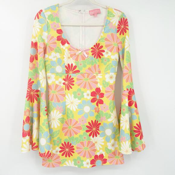 Sugar Thrillz Dolls Kill Retro Groovy Happenings Bell Sleeve Floral Mini Dress S - Picture 1 of 9